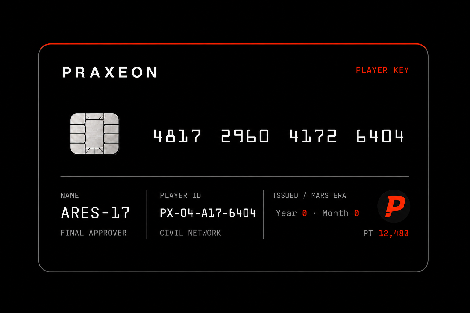 Legacy Praxeon identity-card concept showing the ID number, name, Mars Era issue month, and balance